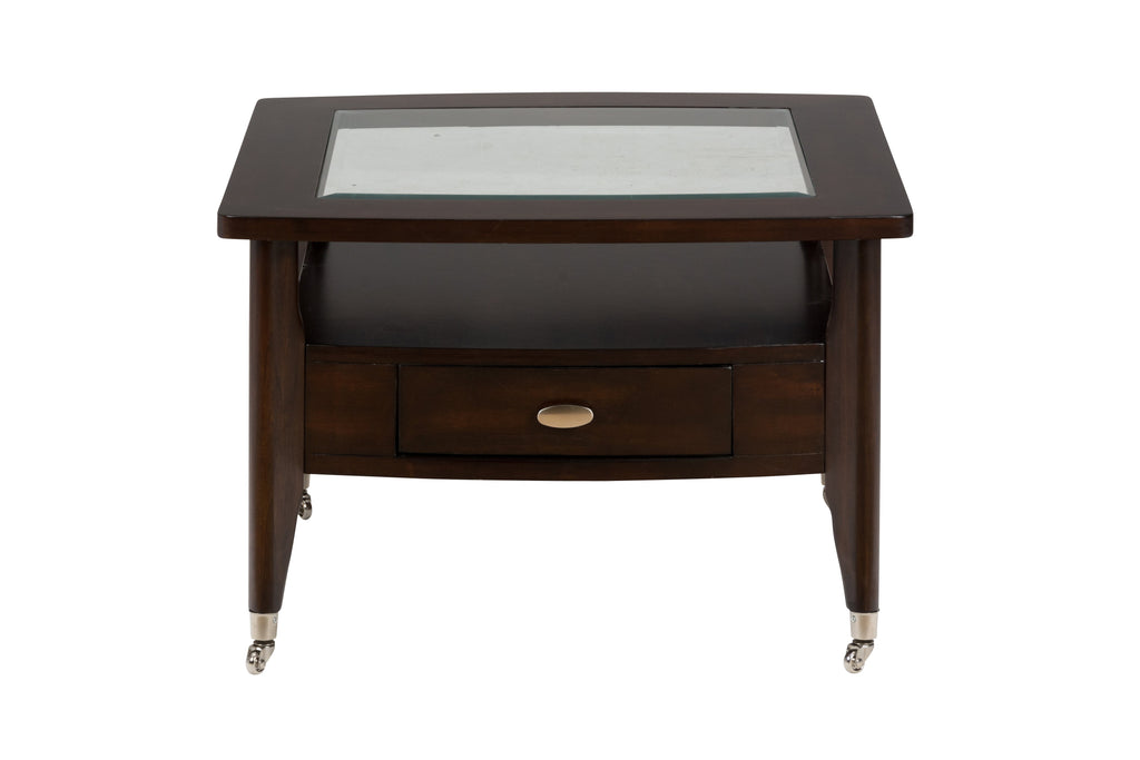 Wooden Cocktail Table with Glass Inserted Top, Merlot Brown