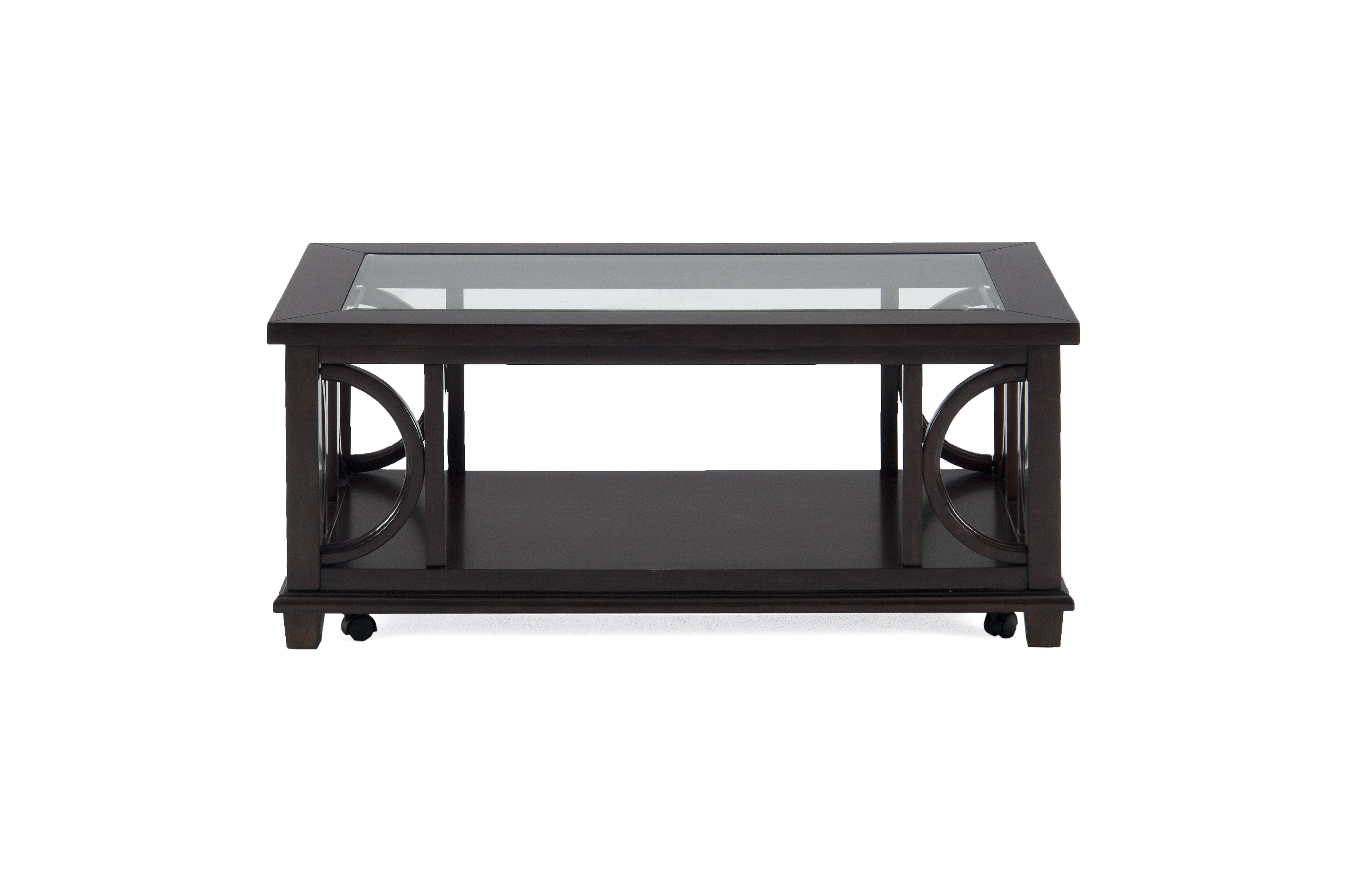 Wooden Cocktail Table with Glass Top And Bottom Shelf, Dark Brown