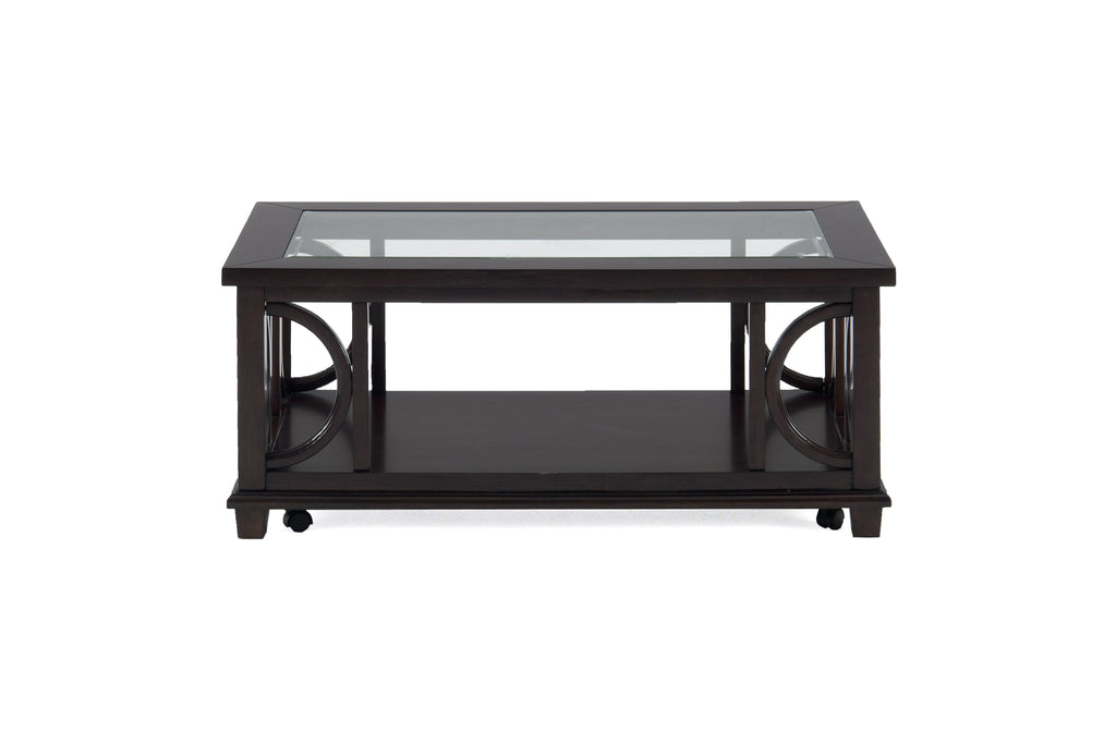 Wooden Cocktail Table with Glass Top And Bottom Shelf, Dark Brown