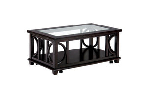 Wooden Cocktail Table with Glass Top And Bottom Shelf, Dark Brown