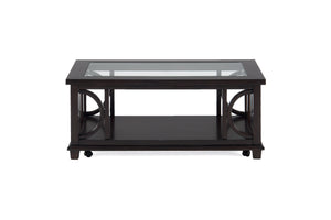 Wooden Cocktail Table with Glass Top And Bottom Shelf, Dark Brown