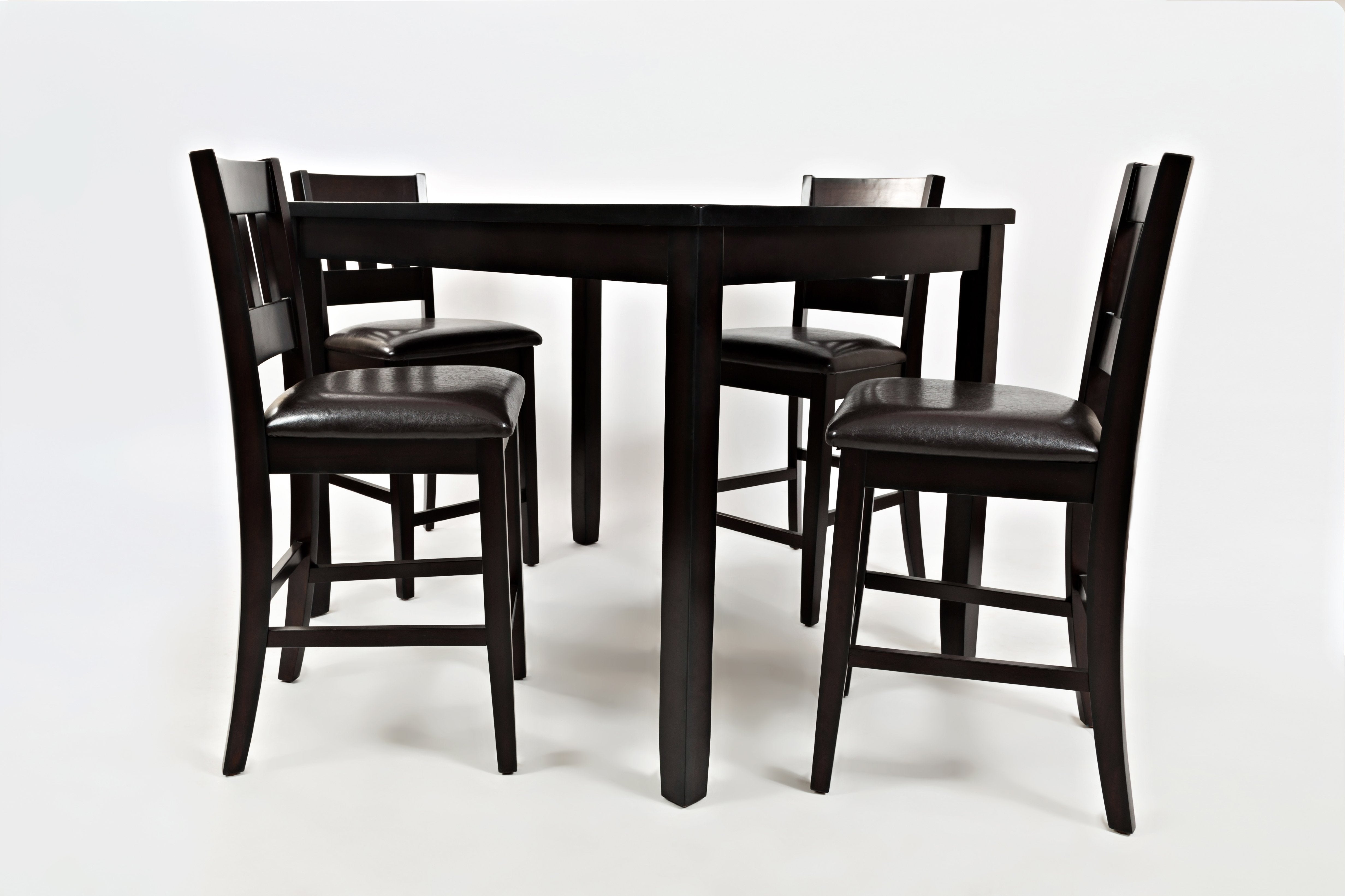 Wooden Table With Leather Upholstered 4 Stool Set, Dark Brown