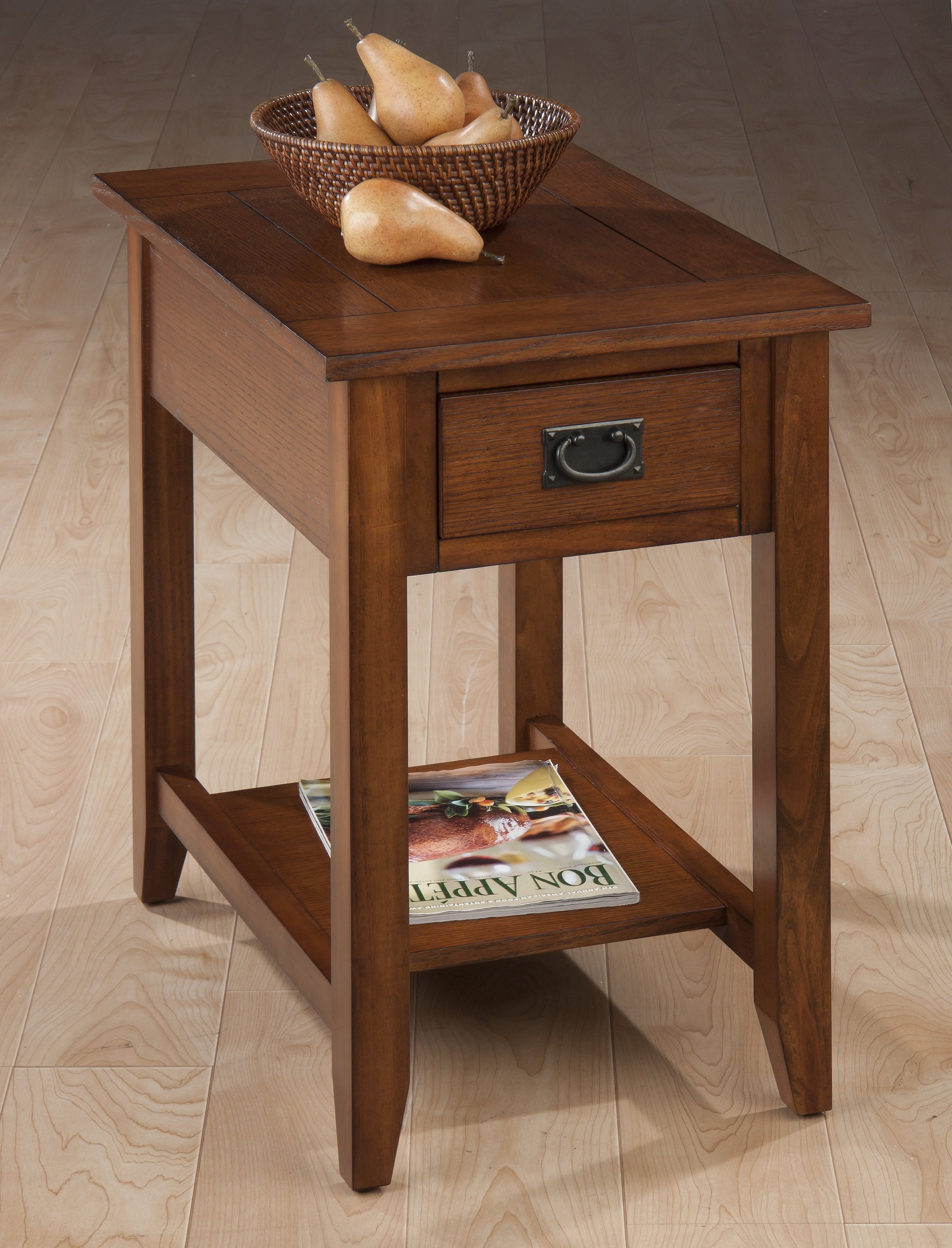 Wooden Chairside Table With Antique Drawer Handle, Dark Brown