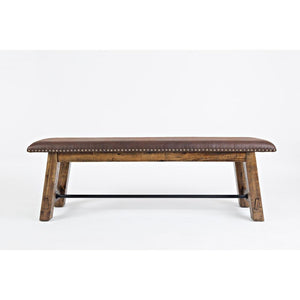 Wooden Bench With Faux Leather Upholstered Seat, Brown