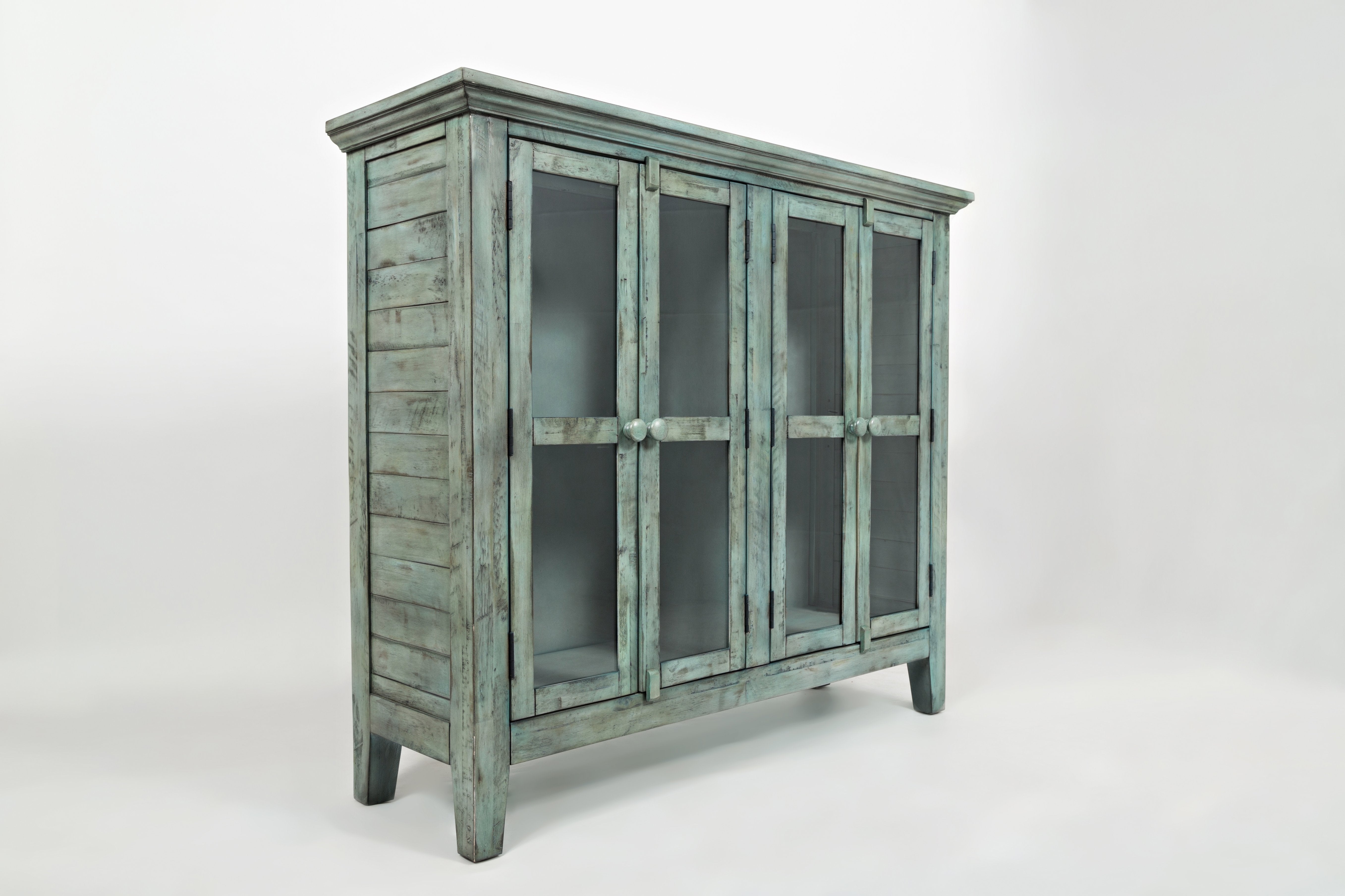 Wood Accent Cabinet With 4 Doors In Distressed Finish, Blue