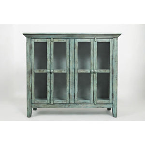 Wood Accent Cabinet With 4 Doors In Distressed Finish, Blue