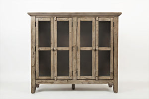 Wooden Accent Cabinet With 4 Glass Doors, Weathered Gray