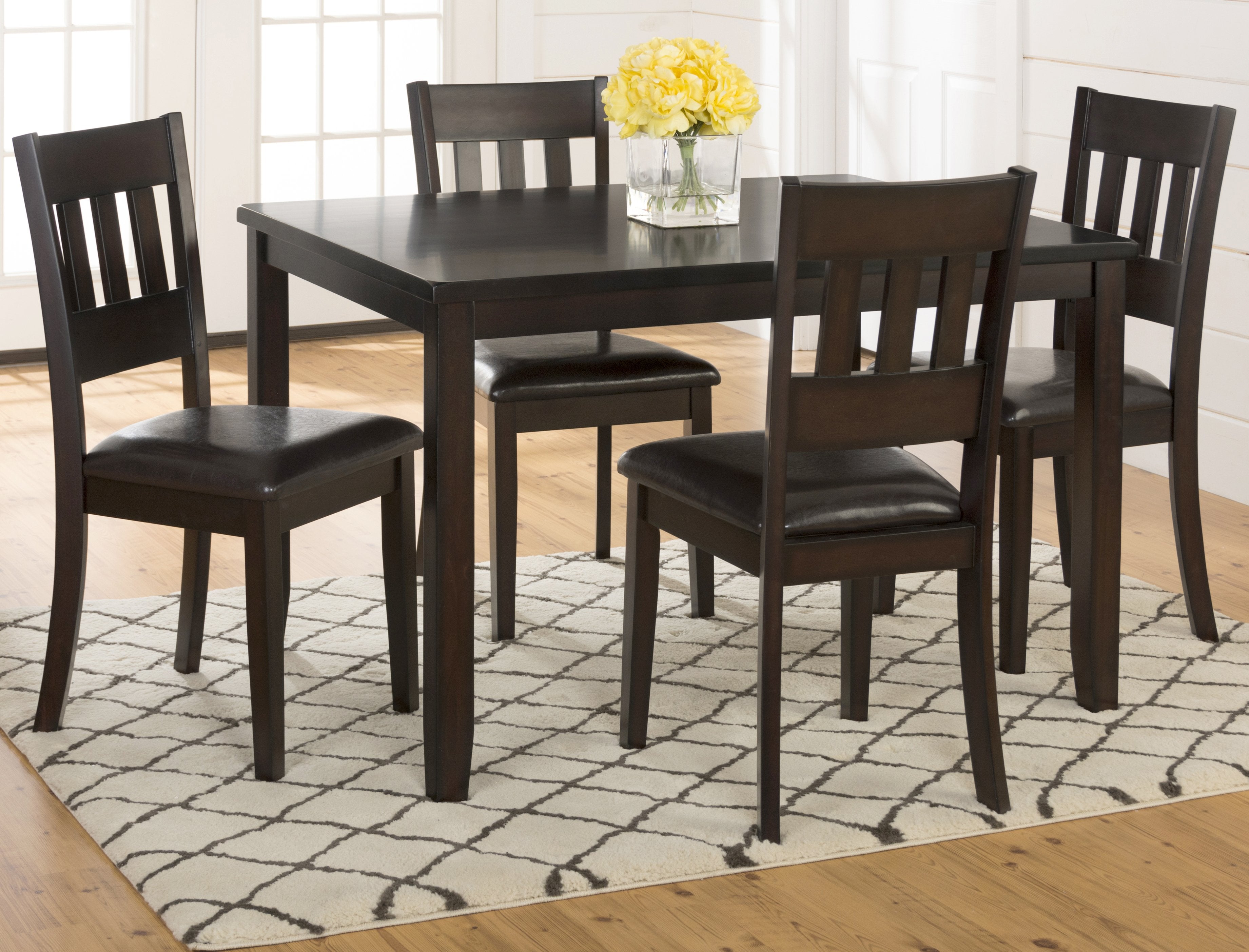 Wooden Table With Leather Upholstered 4 Chairs Set, Dark Brown