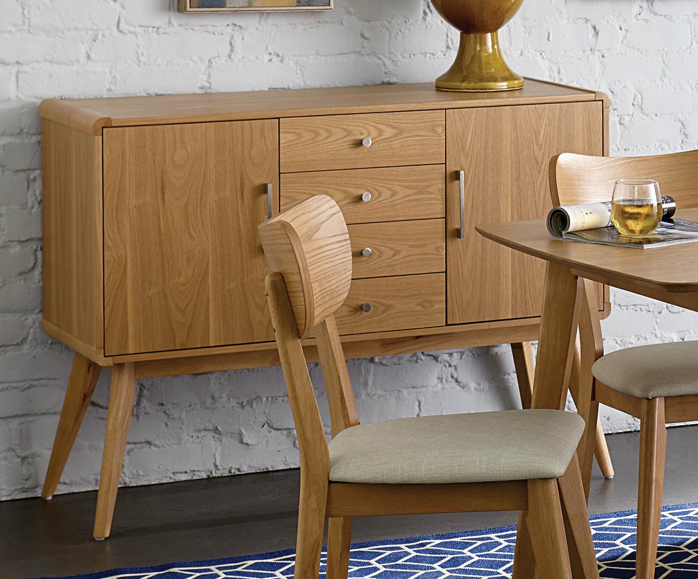 Wooden Dining Server With 4 Drawers And 2 Cabinets, Light Ash Brown