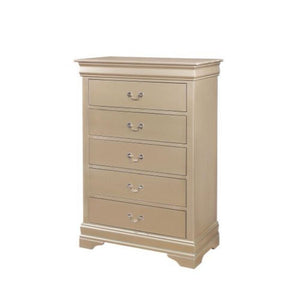 Wooden Five Drawer Dresser Chest with Bail Handles, Champagne Gold