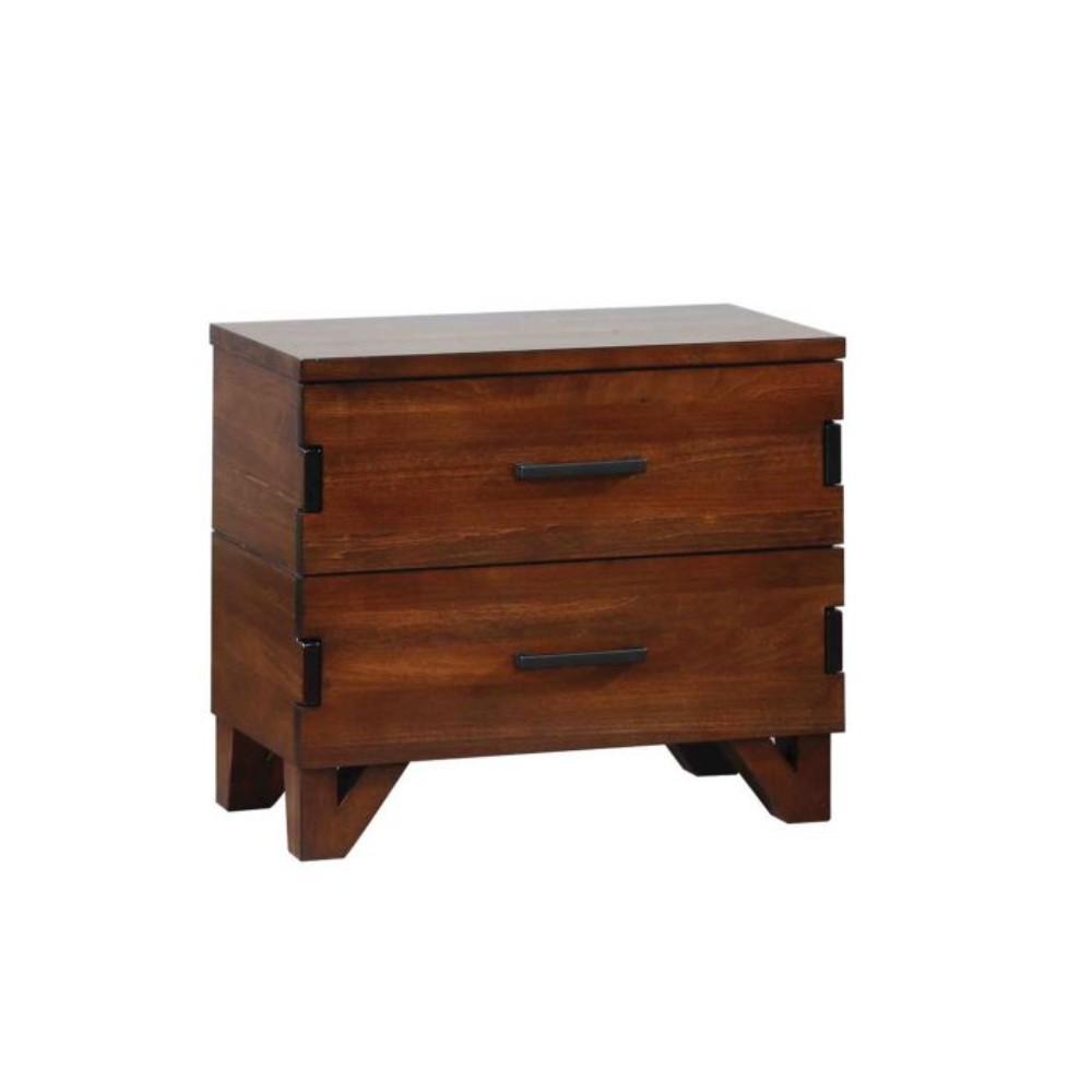 Wooden 2 Drawer Nightstand with Exposed Finger Joints, Dark Amber & Coffee Bean