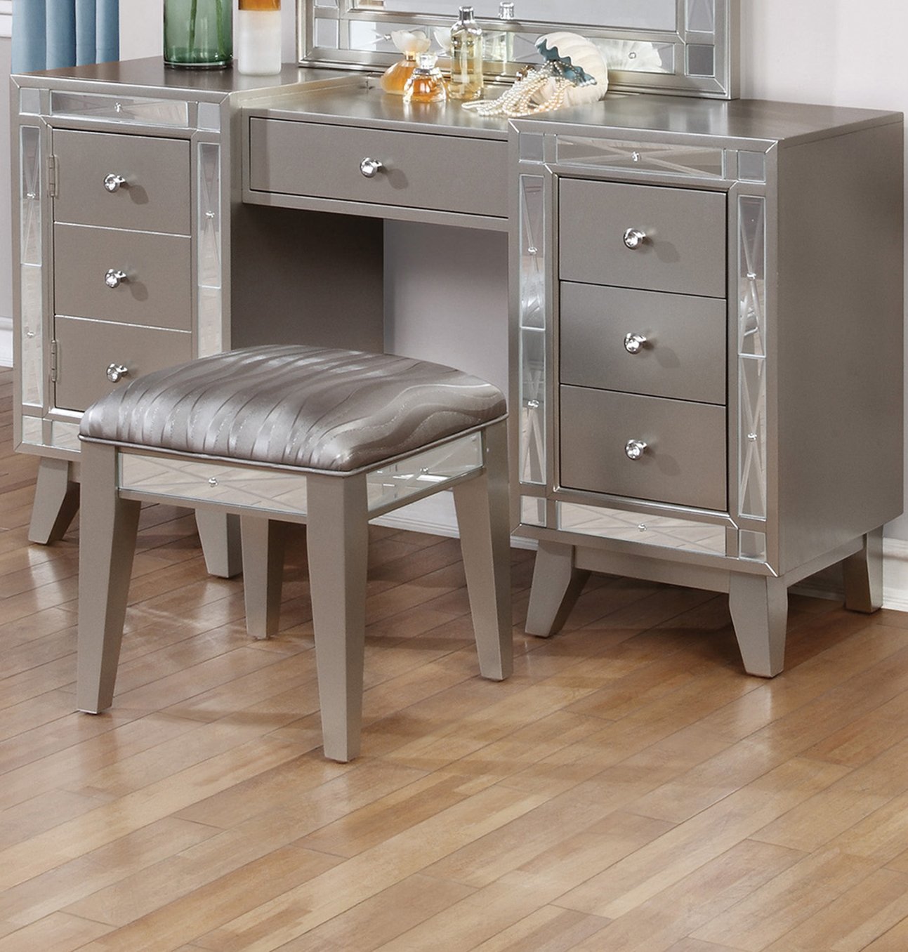 Wooden Set of Vanity and Stool with Mirrored Accents, Mercury Silver