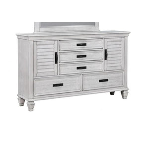 Wooden Nightstand with 2 Louvered Doors & 5 Drawers, White