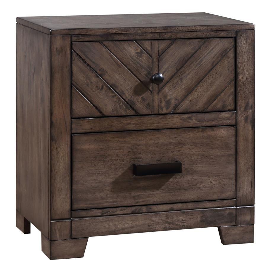 Wooden Nightstand with Angled Slatted Plank Design, Dark Brown