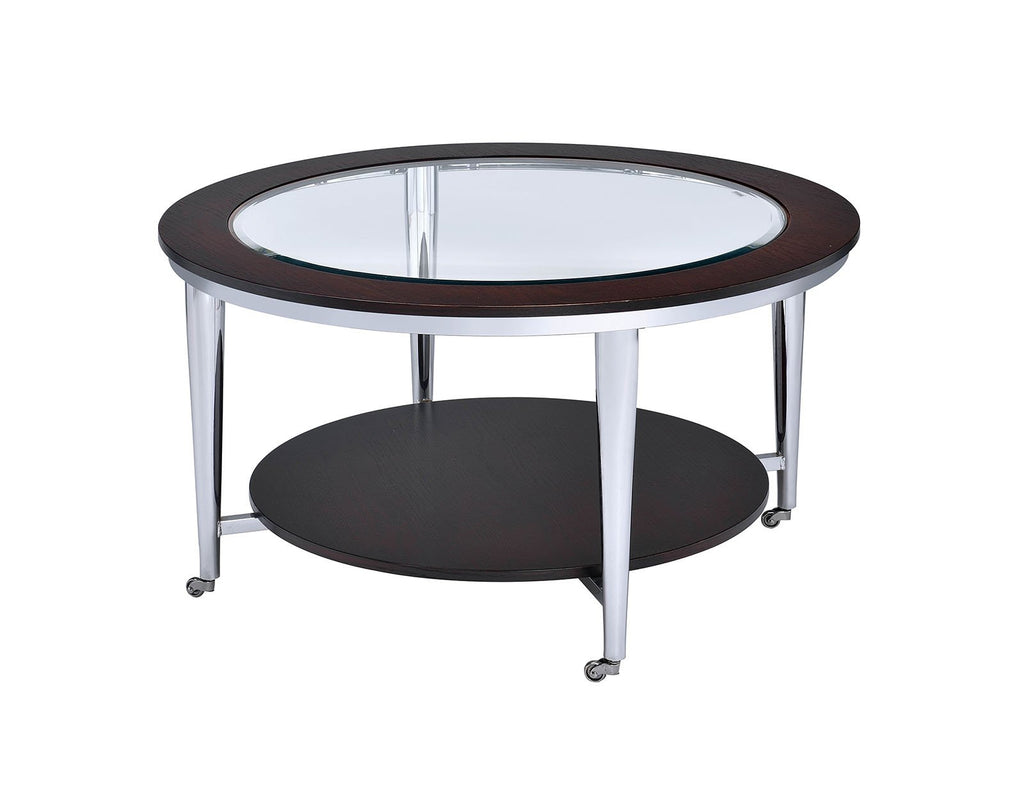 Wood and Metal Round Coffee Table with Glass Inserted Top, Espresso Brown and Silver