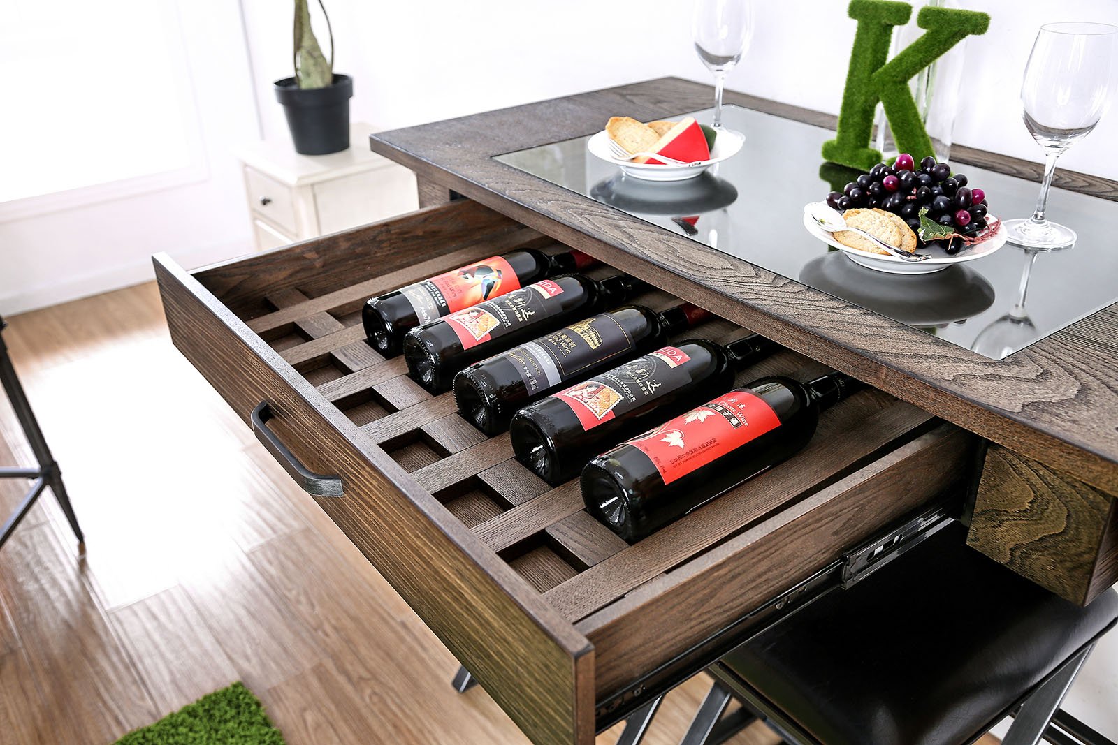 Wood and Metal Bar Table With Storage Drawer and Inserted Glass, Gray and Brown