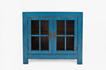 Wooden Accent Cabinet with Two Glass Inserted Doors, Blue