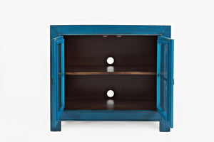 Wooden Accent Cabinet with Two Glass Inserted Doors, Blue