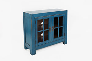 Wooden Accent Cabinet with Two Glass Inserted Doors, Blue