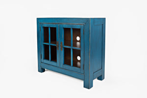 Wooden Accent Cabinet with Two Glass Inserted Doors, Blue