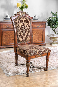 Wooden Fabric Upholstered Side Chair With Floral Print, Brown, Pack Of Two