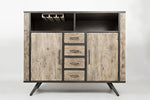 Wood and Metal Highboard with Two Door Cabinets and Four Drawers, Brown and Black