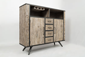 Wood and Metal Highboard with Two Door Cabinets and Four Drawers, Brown and Black