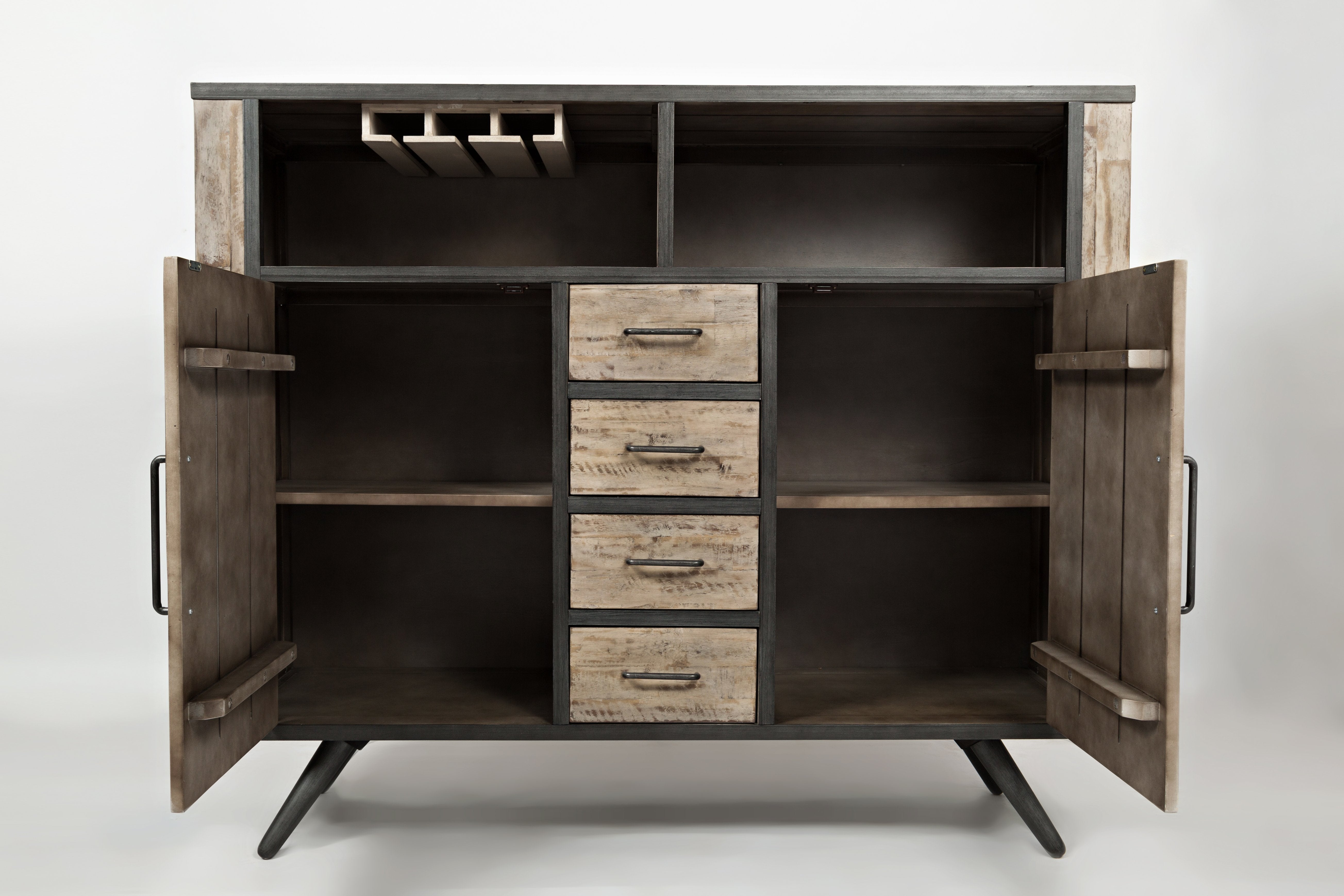 Wood and Metal Highboard with Two Door Cabinets and Four Drawers, Brown and Black