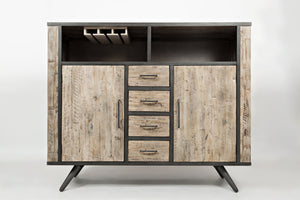 Wood and Metal Highboard with Two Door Cabinets and Four Drawers, Brown and Black