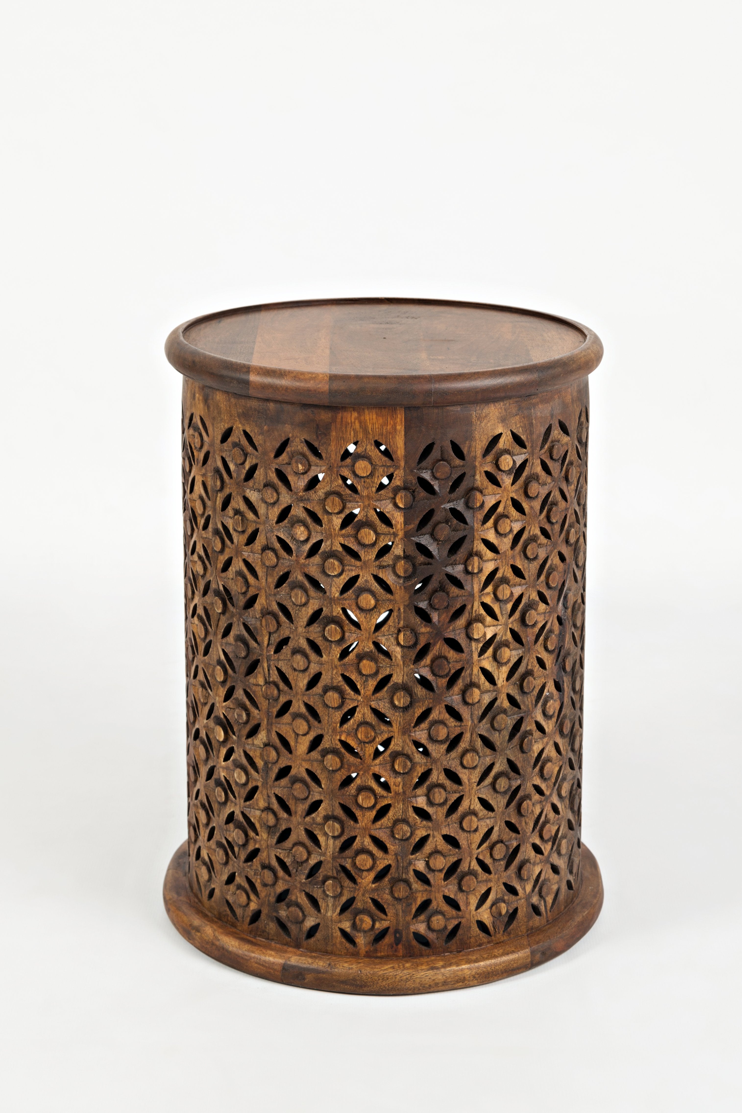 Wooden Intricate Filigree Cutout Pattern Drum Table, Brown