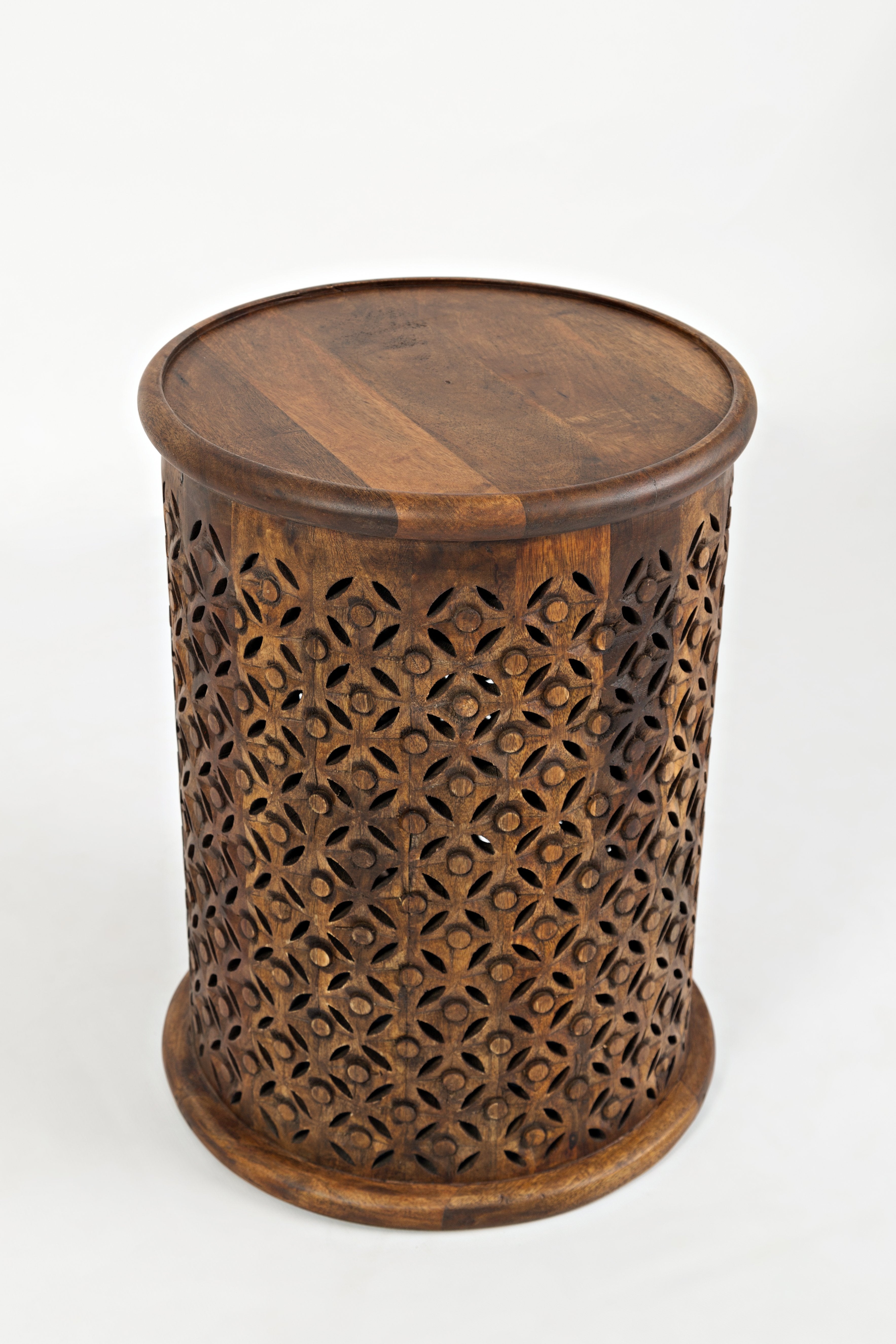 Wooden Intricate Filigree Cutout Pattern Drum Table, Brown