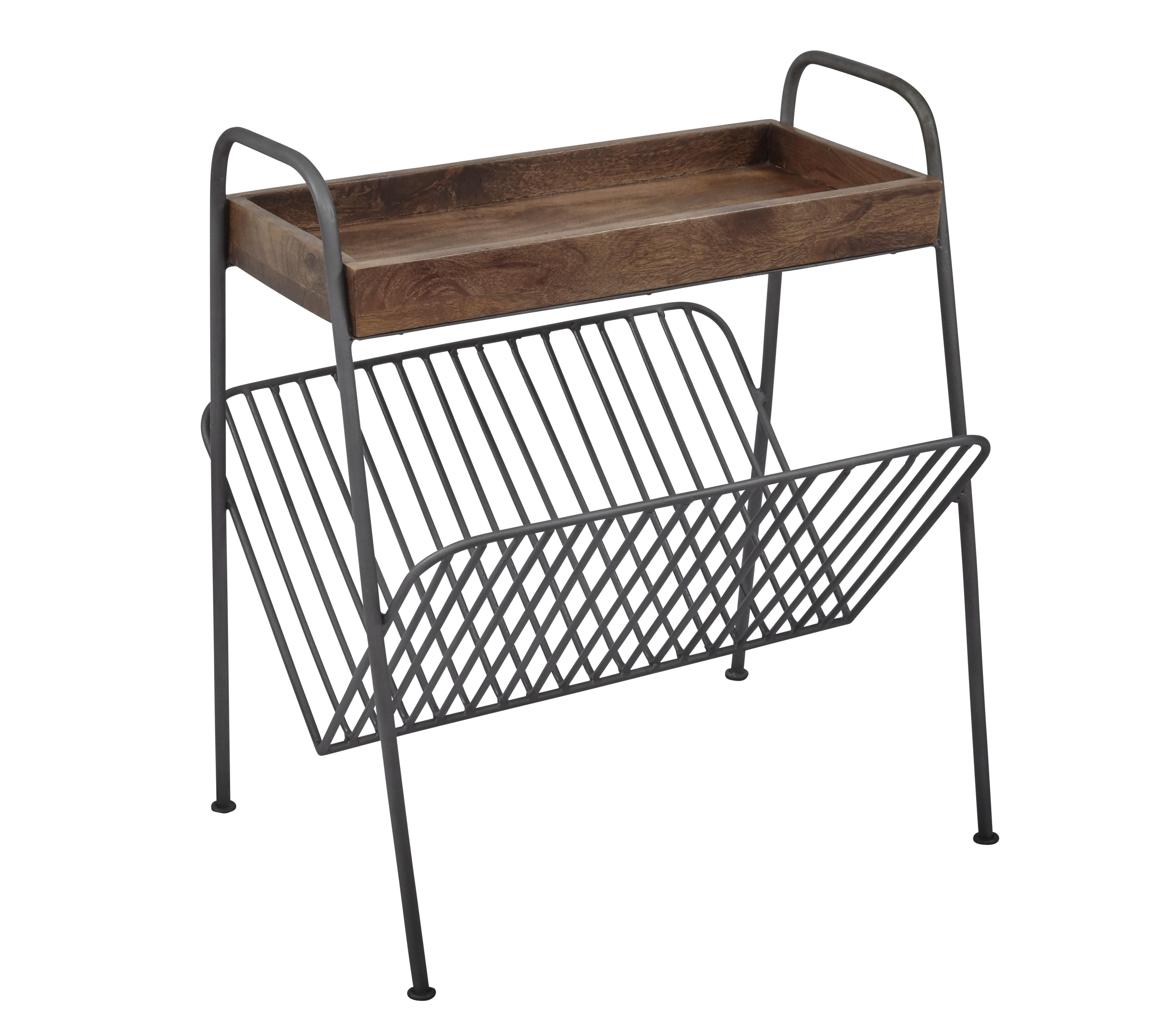 Wood And Metal Chairside Table With Magazine Rack, Brown And Black