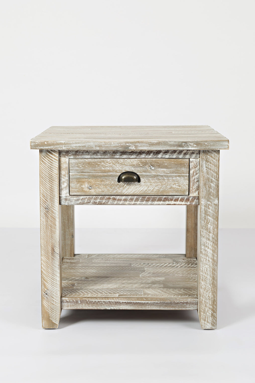 Wooden End Table With Open Shelf, Washed Gray