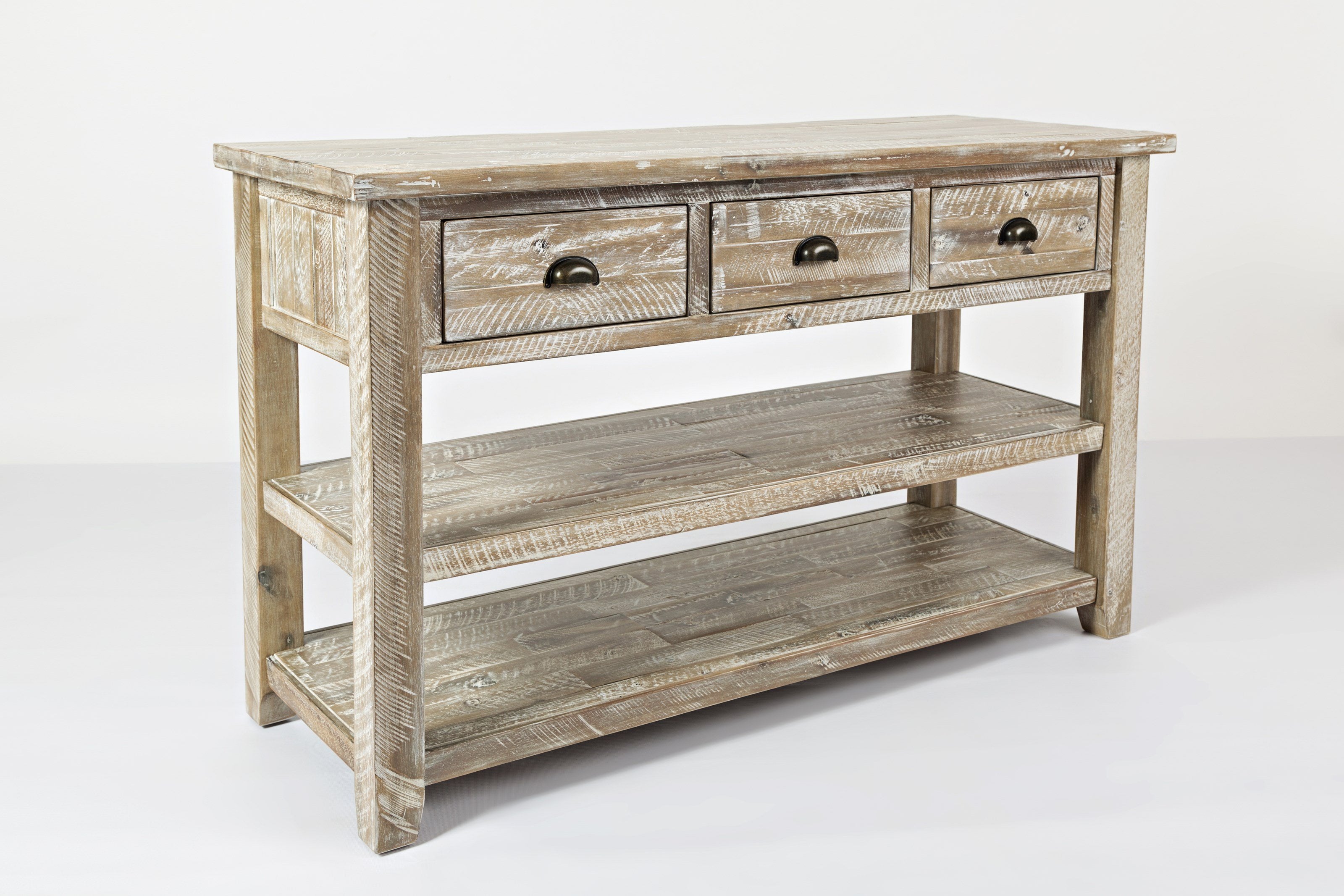 Wooden Sofa Table With Three Drawers And Two Open Shelves , Washed Gray