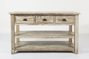 Wooden Sofa Table With Three Drawers And Two Open Shelves , Washed Gray