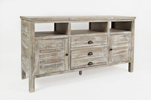 Wooden 60" Media Console With 3 Drawers, 2 Doors, 3 Open Shelf, Washed Gray