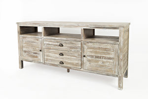 Wooden 70" Media Console With 3 Drawers, 2 Doors, 3 Open Shelf, Washed Gray