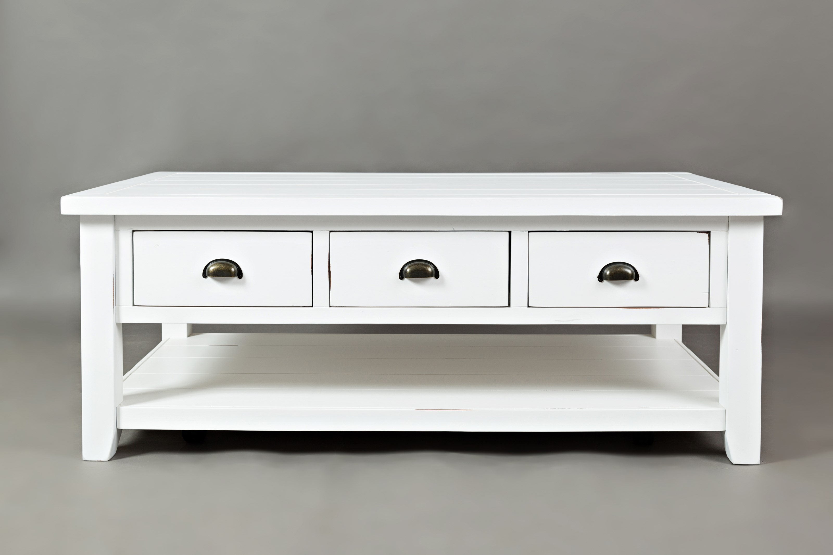 3 Drawer Cocktail Table With Open Shelf Beneath, Weathered White