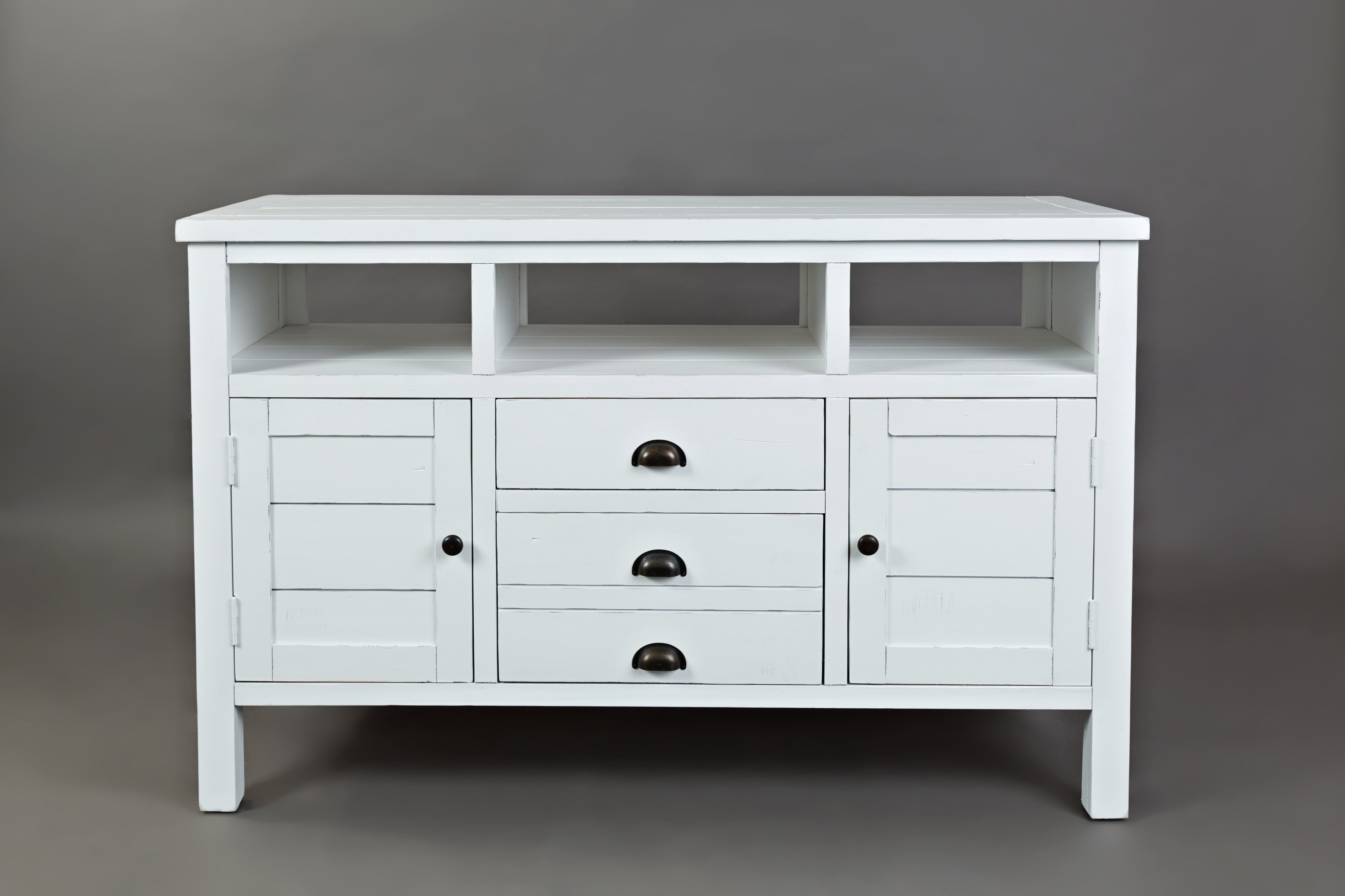 Wooden 50" Media Console With 3 Drawers, 2 Doors, 3 Open Shelf, Weathered White