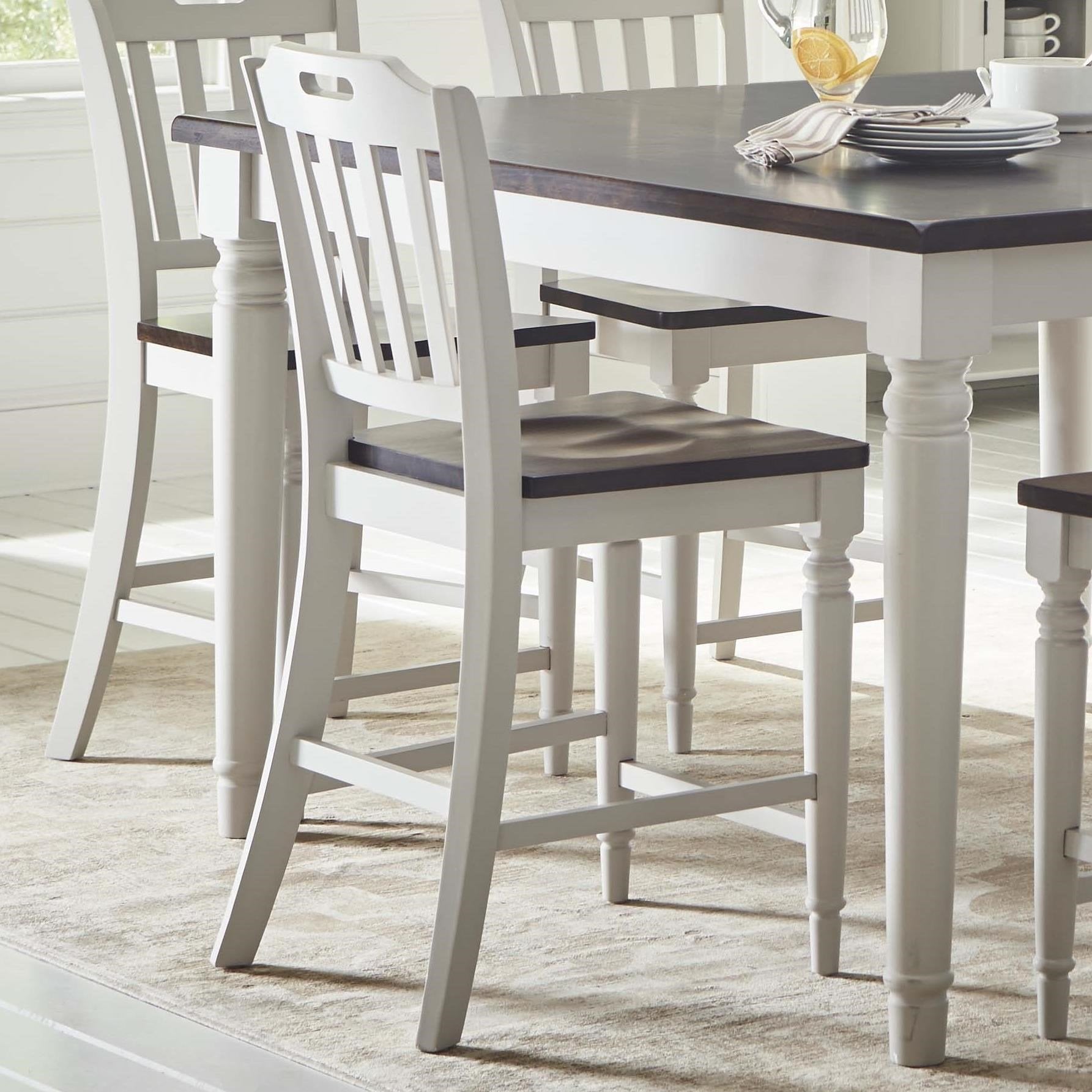 Wooden Counter Height Stool with Slatted Back, Set of Two, Dark Brown and White