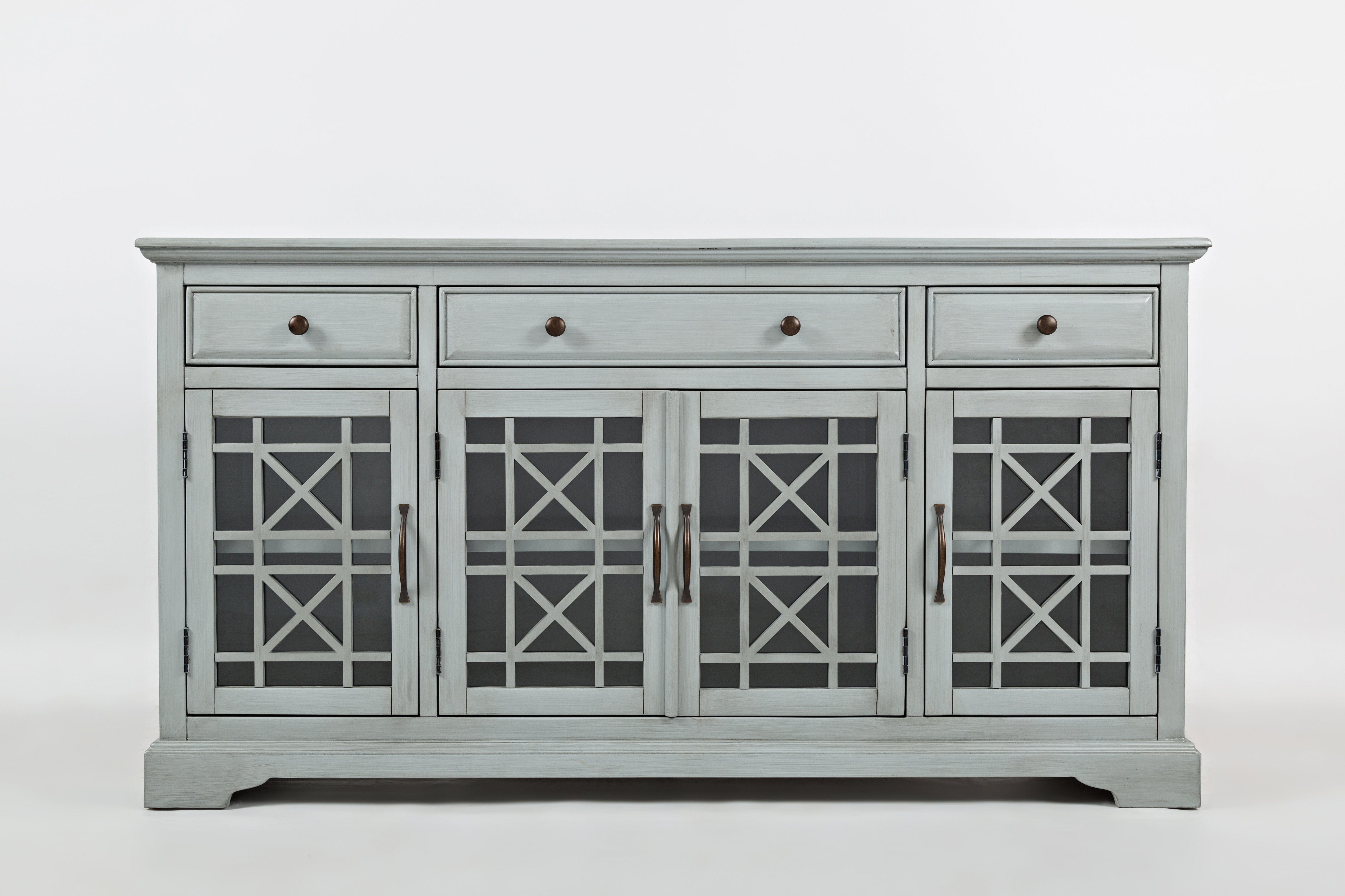 Wood And Glass 60" Media Console With "X" motif detailing On Doors, Earl Gray