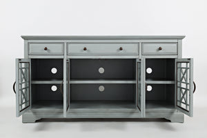 Wood And Glass 60" Media Console With "X" motif detailing On Doors, Earl Gray