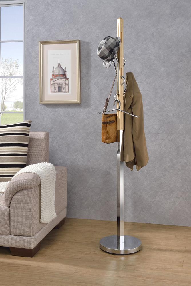 Wood & Metal Freestanding Coat Rack with Hooks, Natural Brown & Silver