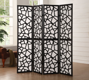 Wood & Fabric 4-Panel Screen Room Divider with Abstract Cut-Out Design, Black