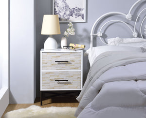 Weathered Wood Patterned Two Drawers Nightstand with Metal Base, White & Black