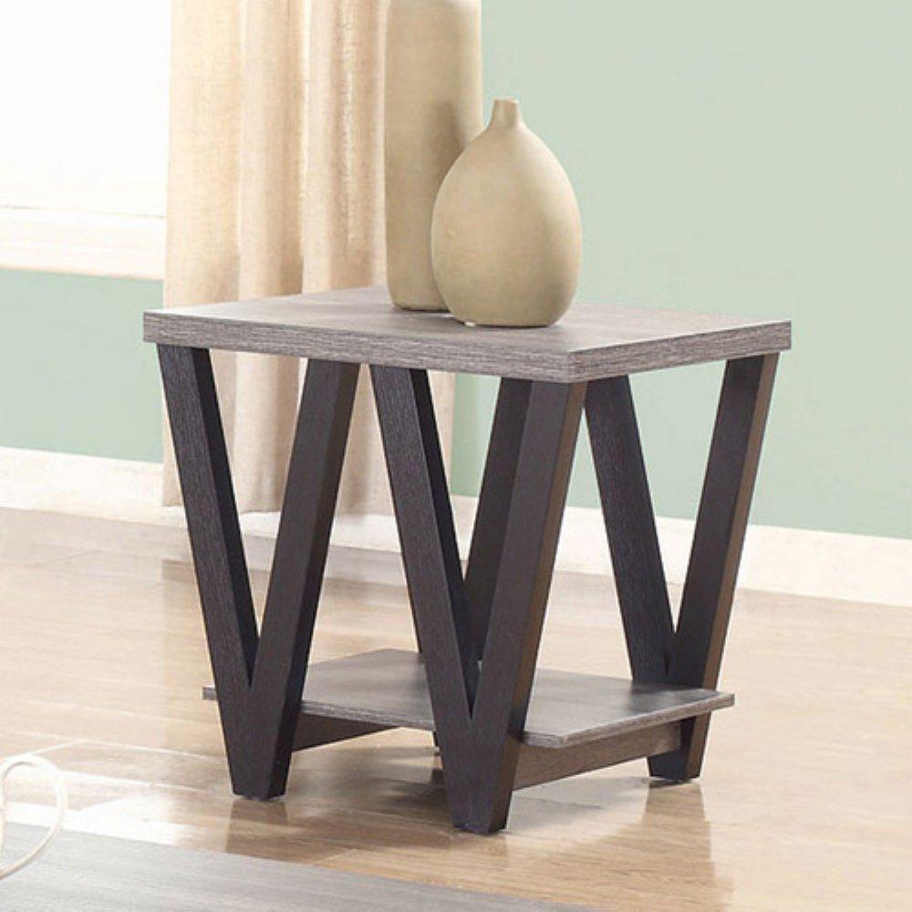 Zig-zag Contemporary Solid Wooden End Table With Bottom Shelf, Gray And Black