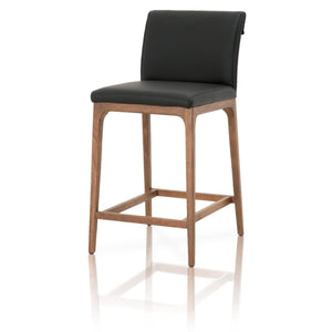 Wooden Counter Stool With Leather Upholstery, Black and Brown