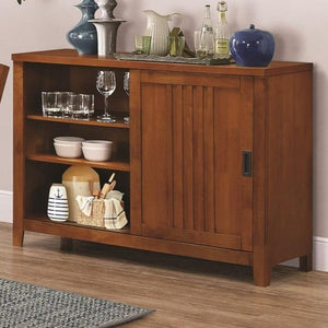 Wooden Server with Three Shelves and Sliding Door, Brown