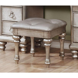 Wooden Vanity Stool with Turned Legs and Leatherette Upholstered Seat, Silver