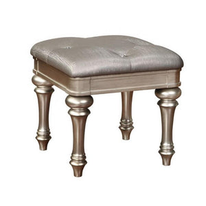 Wooden Vanity Stool with Turned Legs and Leatherette Upholstered Seat, Silver